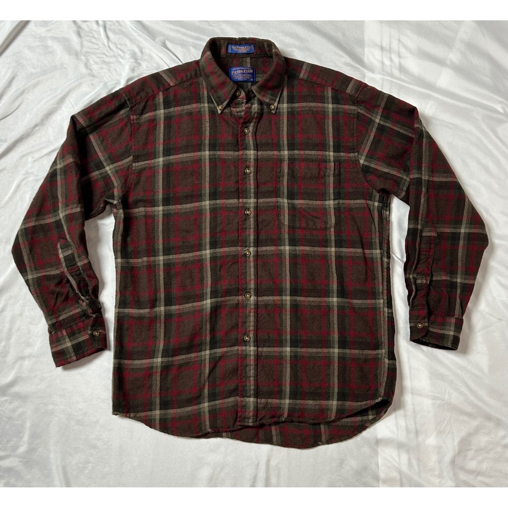 Sir Pendleton Mens Vintage Plaid Wool Button Down Shirt Burgundy Brown Med LS